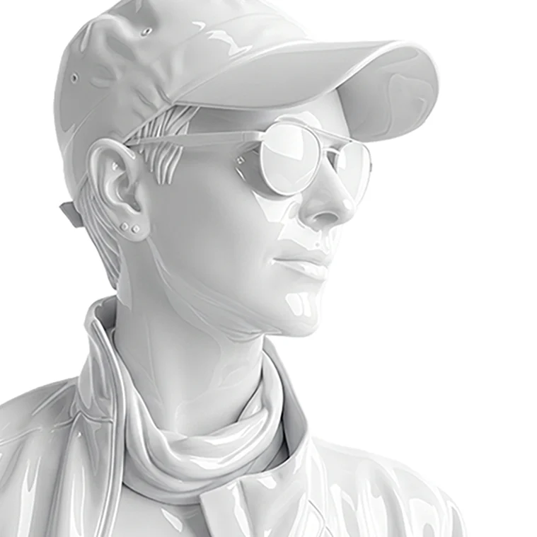 Vanessa Ariane Düvelsdorf – VAD Markenspur Digital gerenderte, glänzend weiße Schaufensterfigur mit Cap, Sonnenbrille und Schal – Symbolbild für Vanessa Ariane Düvelsdorf